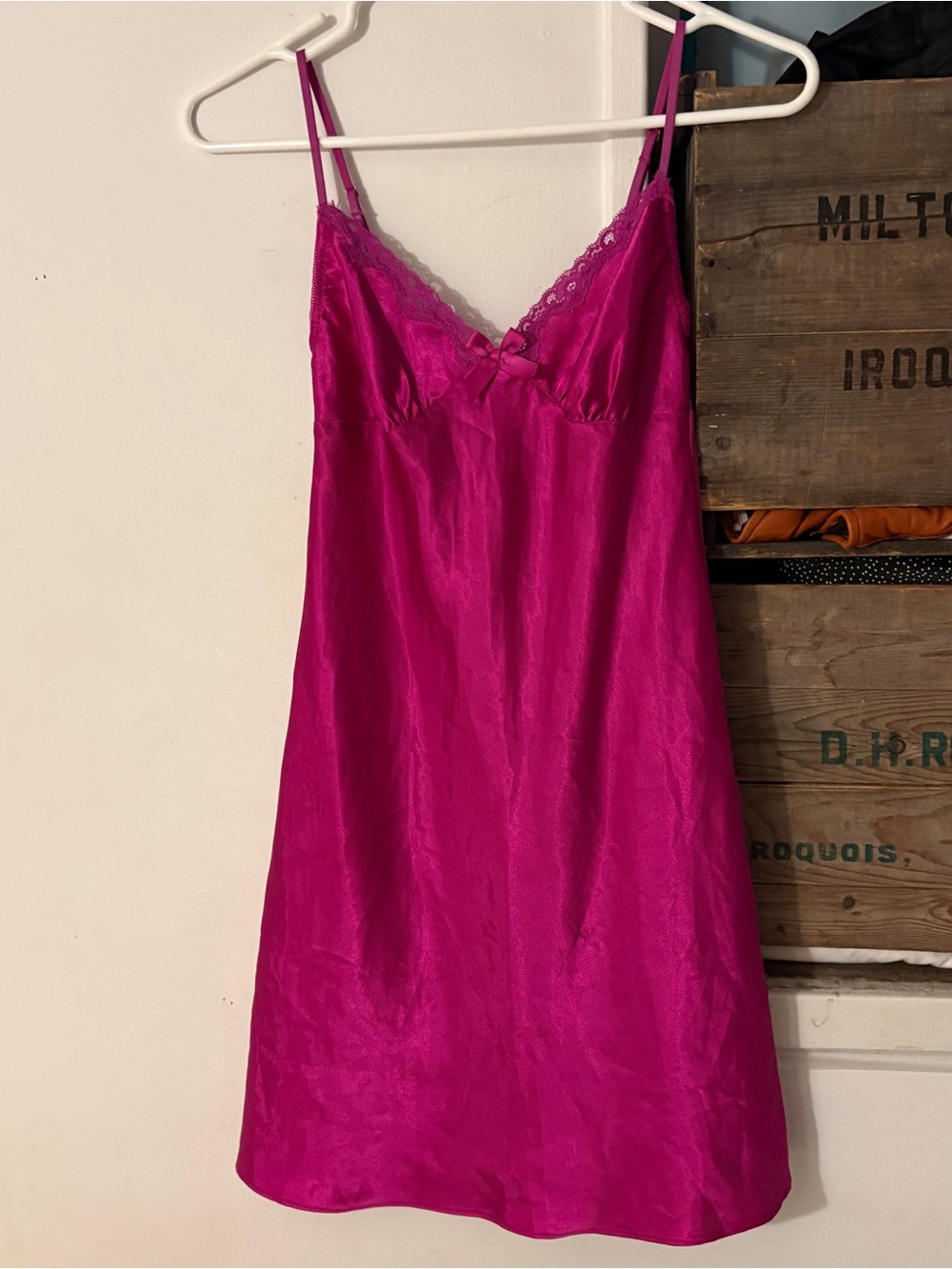 Vintage Y2K La SENZA Satin Fuchsia Lace-Trim Slip Dress Size Extra Small